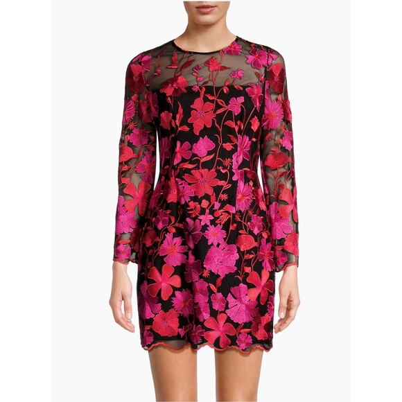 Milly’s Scottie Floral Mesh Lace Embroidered Mini Dress Size 12 Red Black - Picture 1 of 7